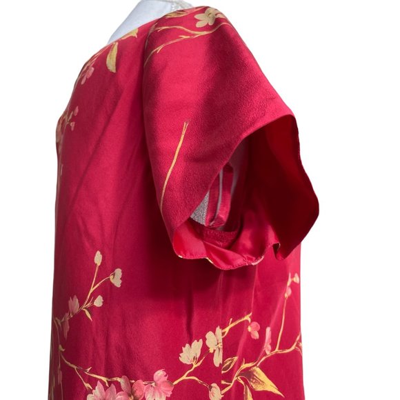 100% Silk Floral Dress 14 Maxi Long V-Neck Short Sleeve Satin Georgette Red - Picture 10 of 16